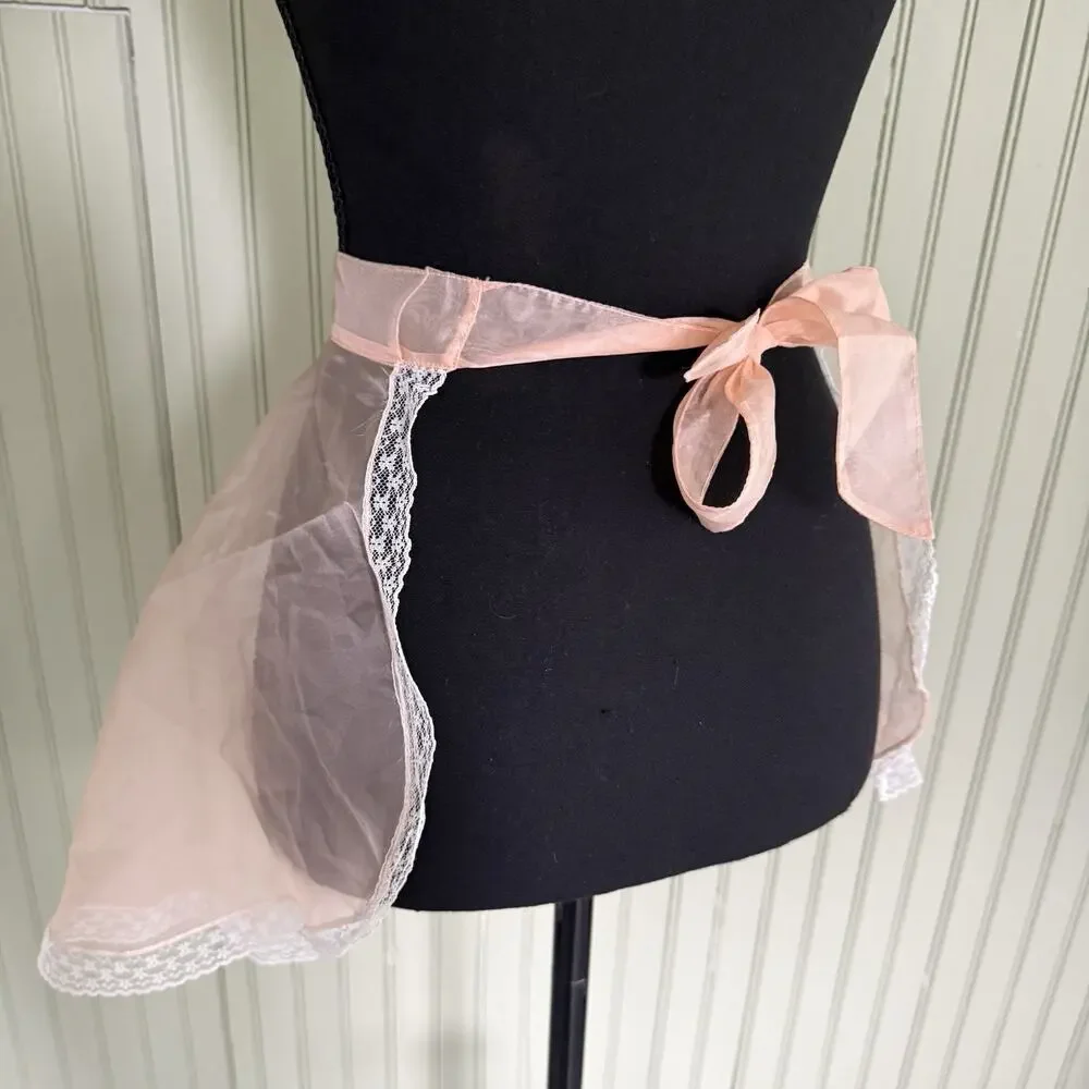 Vtg Hostess Half Apron Sheer Pink MCM 50s Pocket Retro Tie Trad Cottage Lace